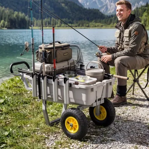VEVOR Angelwagen Faltbar, 90,7kg Belastbarer Bollerwagen mit 2 All-Terrain-Gummireifen, Transportwagen mit Alugestell 8 Rutenhaltern, Multifunktionale Transportkarre für Angeln Camping Strand Outdoor – Bild 7