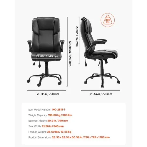 VEVOR Chefsessel Bürostuhl Drehstuhl mit hoher Rückenlehne & Lendenwirbelstütze & klappbaren Armlehnen, ergonomischer Schreibtischstuhl mit Neigung & Höhe, für Arbeit Arbeitszimmer Spielen – Bild 6