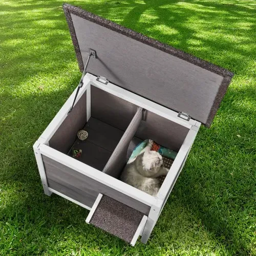VEVOR Katzenhaus für draußen, wetterfest, Unterschlupf für Wildkatzen für mehrere Katzen, Katzen-/Kaninchenhaus aus Holz für draußen, rundum schaumisoliert, offenes Dach, Türklappen aus PVC, 61 x 50 x 53 cm (L x B x H) – Bild 7