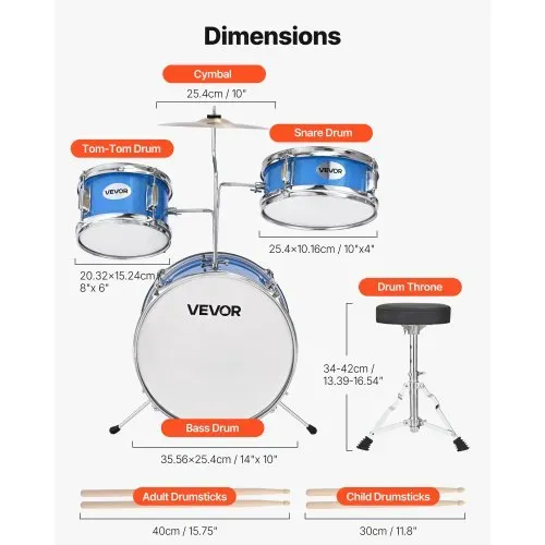 VEVOR Schlagzeugset, 3-teilig, Anfänger Drum Kit, inkl. 35,6 cm Basstrommel, 20,3 cm Tom-Tom, 25,4 cm Snare-Drum, verstellbare Drumsticks, Musik-Lernset, für Kinder von 6–13 Jahren, blau – Bild 2
