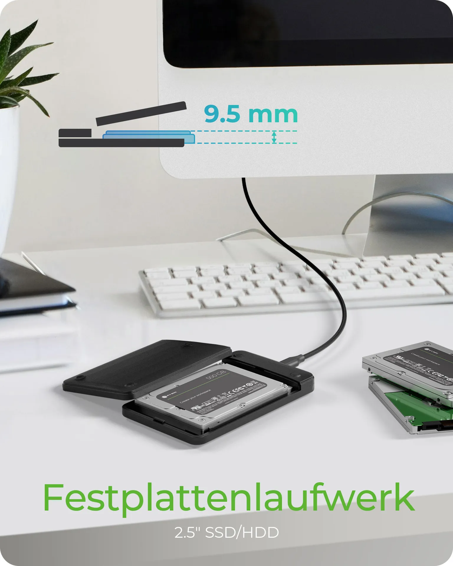 ICY BOX IB-201T-CU31, ext. 2.5" SATA Gehäuse, USB 3.2 Gen 2 bis zu 10 Gbit/s, Werkzeuglos, Kunststoff, schwarz – Bild 4