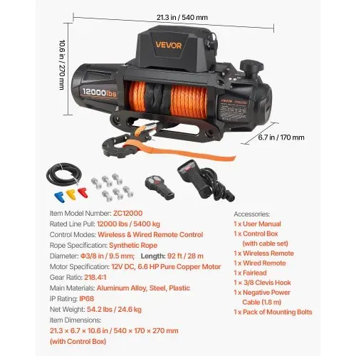 VEVOR Elektrische Seilwinde, 5400 kg, 12 V DC LKW-Winde mit Φ 9,5 mm x 28 m Synthetikseil, kabellose & kabelgebundene Fernbedienung, IP67 zum Abschleppen von Geländewagen, Jeeps, Anhängern & Booten – Bild 6