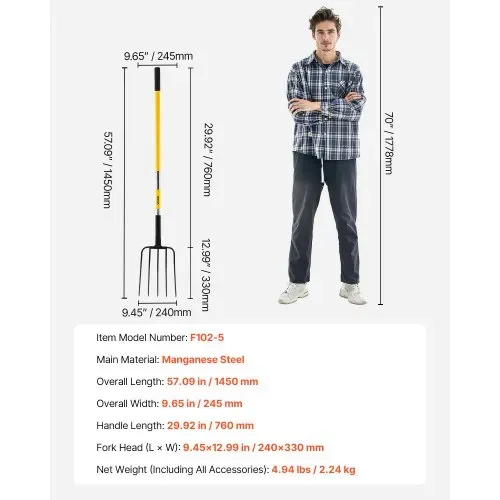 VEVOR Dunggabel 1450 mm, 5-Zinken-Heugabel mit Fiberglasstiel, Mistgabel, Mistforke, Gartenforke, Spatengabel aus geschmiedetem Stahl für Heu, Kartoffelkompostierung, Umpflanzen und Belüftung – Bild 6