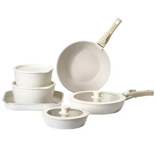 VEVOR Induktion Töpfe Pfannen Set (17-teilig) mit Glasdeckel antihaftbeschichtetes Kochgeschirr mit abnehmbarem Griff, Induktionskochtöpfe zum Braten, Würzen von Soßen und Kochen (Weiß) – Bild 9