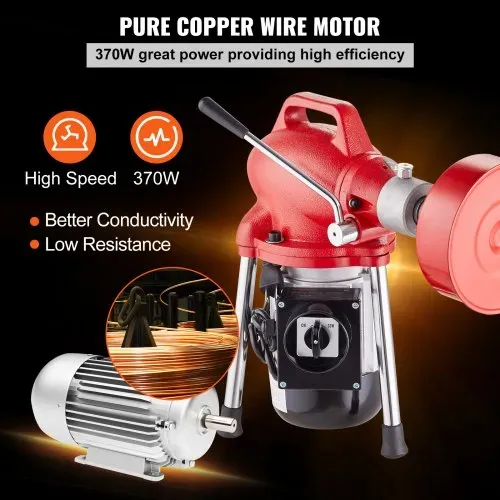 VEVOR Rohrreinigungsmaschine 120 Fuß x 5/8 Zoll, 370 W elektrische Rohrreinigungsspirale mit manueller Zuführung – mit 2 Stahlkabelabschnitten (120' x 5/8" und 23' x 3/8"), 7 Schneidern und CW/CCW-Steuerung für 1,6" bis 4" Rohre – Bild 4