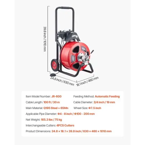 VEVOR Rohrreinigungsmaschine mit Automatischem Vorschub, 30m x 19mm Rohrreinigungsspirale mit Rollen, Elektr. Abflussreiniger für 100-200mm Rohre, Rohrreinigungsgerät für Abflüsse Toilette Waschbecken – Bild 6