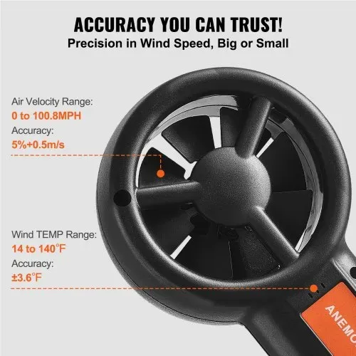 VEVOR 4 in 1 Anemometer 100,8MPH Luftgeschwindigkeitsmesser 168x75x36mm Windmesser IP44 Windmessgerät Windstärkemesser MAX/MIN/AVG/CU-Windgeschwindigkeitsdaten Geschwindigkeitsmessgerät – Bild 2