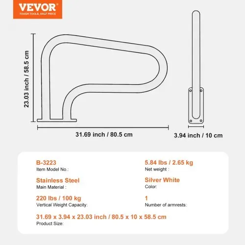 VEVOR Pool-Handlauf, 805 x 100 x 585 mm, Pooleinstieg Edelstahl mit Grundplatte für Innen-/Außenpools, Einstieghilfe für Schwimmbäder, rostfreier Haltegriff mit Griffabdeckung & Zubehör für Spas – Bild 6