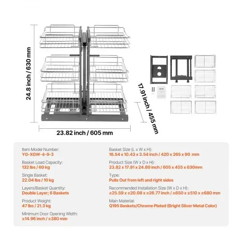 VEVOR Küchenschrank-Organizer mit 3 Ebenen & 6 Ablagen, Aufbewahrungskorb aus verchromtem Karbonstahl, Aufbewahrungs-Organizer, links und rechts zu öffnen, min. Türöffnungsbreite 38 cm – Bild 6