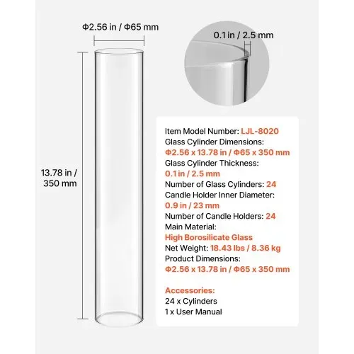 VEVOR 24 Stk. Glaszylinder für Kerzen Set, Hurricane Kerzengläser 65x350mm, Kerzenschirme aus Borosilikatglas, Bodenlose Kerzenschatten, Windfeste Kerzenhalterhülle für Hochzeit Weihnachten Party Deko – Bild 6