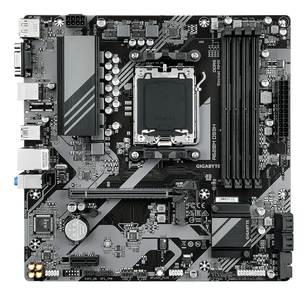 GIGABYTE A620M DS3H Motherboard - Unterstützt AMD Ryzen 8000 CPUs, 5+2+2 Phasen Digital VRM, bis zu 7600MHz DDR5 (OC), 1xPCIe 4.0 M.2, GbE LAN, USB 3.2 Gen 1 – Bild 2