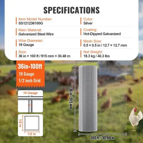 VEVOR Drahtgeflecht, 915 mm x 30,48 m, Volierendraht, 19 Gauge, feuerverzinkte Maschendrahtrolle, Maschendrahtzaun, Maschendraht für Kaninchenkäfige, Garten, kleine Nagetiere – Bild 6