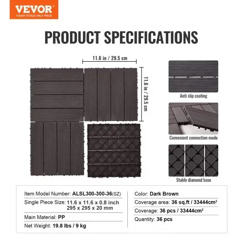 VEVOR Terrassenfliesen, 36er-Set, Balkonfliesen 30x30cm, Klickfliesen, wasserdichter Kunststoff-Bodenbelag für den Außenbereich, Terrassenbodenbelag für Veranda, Pool, Balkon, Hinterhof, Dunkelbraun – Bild 6