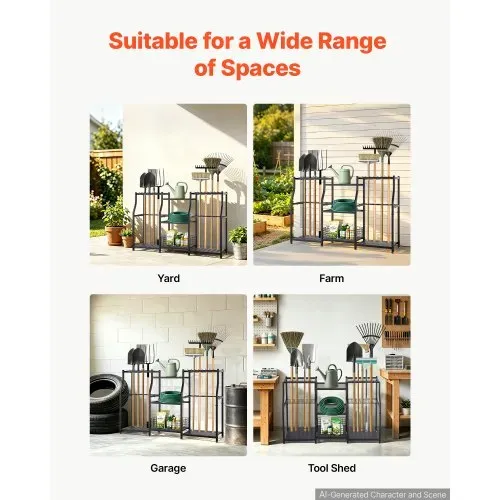 VEVOR Gartengeräte Ständer 1235x290x795mm 3-Stöckiger Gerätehalter Schwarz, Aufbewahrungsregal für Garage Schuppen Garten, Organizer aus Stahl für Besen Mopp Rechen, mit Ablagefächern & Nivellierfüßen – Bild 5