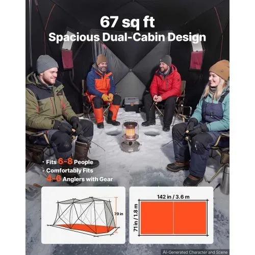 VEVOR Eisangelzelt Eisfischerzelt für 6-8 Personen 3,6x1,8x2m Eisschutzzelt, Angelzelt für Winterfischen, 6,27 m² Fläche, 300D Oxford-Gewebe, Hub-Style-Zelt mit Ankern, Seile, Tragetasche, Rot/Schwarz – Bild 4