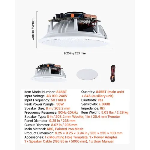 VEVOR 2 Einbaulautsprecher Bluetooth 203,2 mm, 2-Wege Lautsprecher mit Verstärker & 50 W Spitzenleistung, Kabelgebundene Deckenlautsprecher für Heimkino, Überdachte Terrasse & Flächenbündige Montage – Bild 6