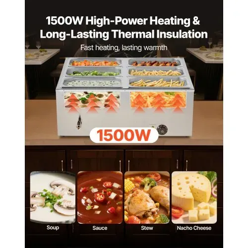 VEVOR kommerzieller Speisenwärmer (6 x 1/3 Größe Behälter), 1,5 kW elektrischer Wärmebehälter aus Edelstahl mit Abdeckung & Suppenkelle, Chafing Dishes Set für Catering Restaurant Party VEVOR kommerzieller Speisenwärmer (6 x 1/3 Größe Behälter), 1,5 kW elektrischer Wärmebehälter aus Edelstahl mit Abdeckung & Suppenkelle, Chafing Dishes Set für Catering Restaurant Party