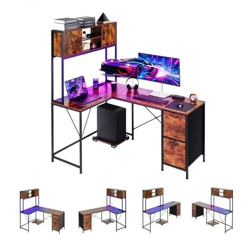 VEVOR Gaming-Schreibtisch L-Förmig, Ecktisch mit LED-Beleuchtung, 1,58 m Eck-Computertisch mit Steckdosen, Verschiebbarem CPU-Ständer & Aufbewahrungsschubladen, PC-Gamertisch für Homeoffice VEVOR Gaming-Schreibtisch L-Förmig, Ecktisch mit LED-Beleuchtung, 1,58 m Eck-Computertisch mit Steckdosen, Verschiebbarem CPU-Ständer & Aufbewahrungsschubladen, PC-Gamertisch für Homeoffice