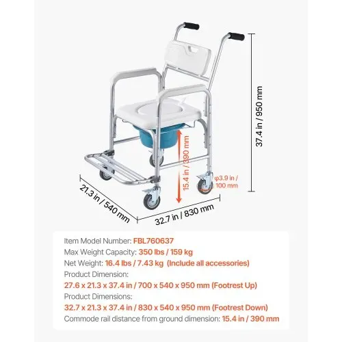 VEVOR Nachttoilettenstuhl 159 kg belastbar, rollbare Toilettensitzerhöhung mit gepolsterter Sitzfläche/Rückenlehne/hochklappbarer Fußstütze, abnehmbarer 5 L Eimer, Duschrollstuhl für Senioren – Bild 6