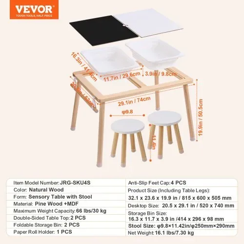 VEVOR Sensorisches Tischset Aktivitätstisch Kindersitzgruppe und Sand-und Wasserspieltisch mit 2 Hockern & 2 Aufbewahrungsbehältern & Papierrollenhalter, Kindertisch Holz – Geschenk für Kinder – Bild 6