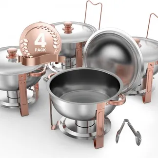 VEVOR Chafing Dish Buffet Speisenwärmer mit 4 Behältern in voller Größe (4,7 L pro), runder Catering-Wärmespender mit Deckel & Wasserpfanne & klappbarer Ständer, für Hochzeiten Partys Roségold VEVOR Chafing Dish Buffet Speisenwärmer mit 4 Behältern in voller Größe (4,7 L pro), runder Catering-Wärmespender mit Deckel & Wasserpfanne & klappbarer Ständer, für Hochzeiten Partys Roségold