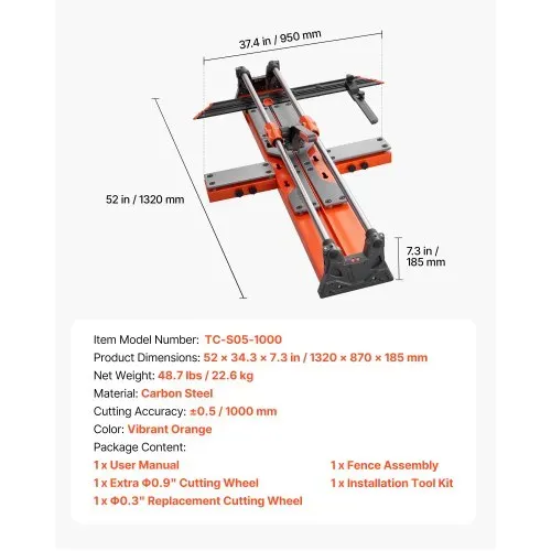 VEVOR Fliesenschneider 1000 mm, Fliesenschneidmaschine mit Verschiebbarem Schneidkopf & Federbelasteter Basis, Winkelanschlag, Wolframkarbid-Trennscheibe, Ausrichthilfe, für Keramikfliesen – Bild 6