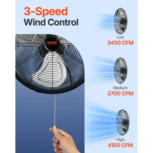 VEVOR Wandventilator, 57 cm, wasserdichter oszillierender Wandventilator, 3 Geschwindigkeiten, 4150 CFM, gewerblicher Wohnventilator zur Kühlung von Lager, Gewächshaus, Werkstatt, Terrasse, Schwarz – Bild 3