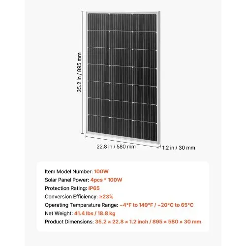 VEVOR Monokristalline Solarmodule 100-W 4er-Pack, PV-Modul mit MC4-Ausgangsleistung & Aluminiumrahmen, Solarpanel IP65 wasserdicht, netzunabhängiger Balkonkraftwerk für Auto, Boot, RV, Flachdach – Bild 6