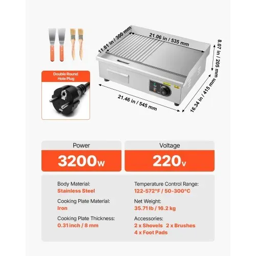VEVOR Gewerbliche Elektrische Grillplatte 3200 W, Tischgrillplatte 535x300 mm Grillfläche, Elektrogrill, halb Gerillt, halb Glatt, mit 2 Spateln & 2 Bürsten & Fußpolstern, für Steaks Pfannkuchen – Bild 6