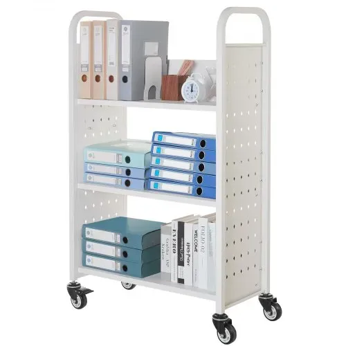 VEVOR Bücherwagen, 150 kg Tragkraft, Bibliothekswagen, 77 x 38 x 122 cm, einseitiges L-förmiges Bücherregal mit Doppelbremsrollen, Bücherregalwagen für Wohnzimmer, Büro, Schule, Weiß – Bild 8