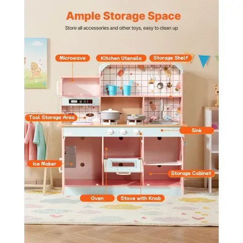 VEVOR Spielküche für Kinder, Holzspielzeug-Küchenset mit Lichtern und Geräuschen, Kleinkinderküche mit Eismaschine, Ofen, Spüle, Mikrowelle, Kühlschrank und Utensilien- und Obstzubehör für Kleinkinder im Alter von 3–8 Jahren, Rosa – Bild 4