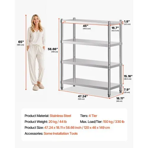 VEVOR Regal aus Edelstahl, für Küche, Garage, Lager, Balkon, 48 x 18,9 x 59 Zoll / 122 x 48 x 150 cm – Bild 6