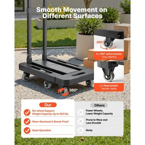VEVOR Sackkarre klappbar, 227 kg Tragkraft, Transportkarre mit 6 Rädern, 2 elastischen Seilen & erweiterbarer Basis, Transportwagen für Flughafen, Reisegepäck, Büroumzüge, Schwarz, 560x305x1010 mm – Bild 4