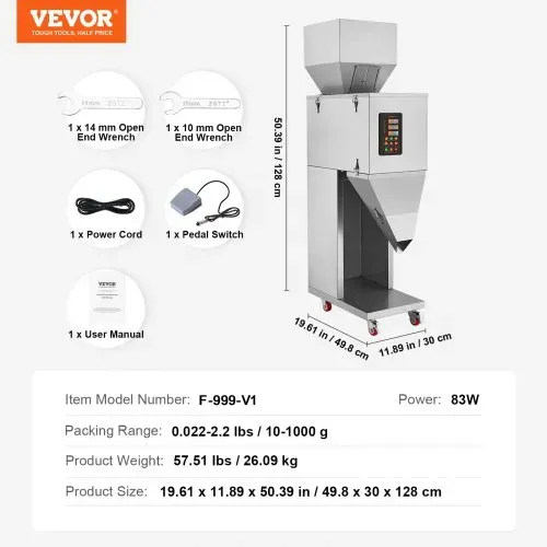 VEVOR Partikelfüllmaschine, 0,022–2,2 lbs/10–1000 g, automatische Füllmaschine mit Fußpedal, Wiegefüllmaschine aus Edelstahl, Wiegefüllmaschine für Bohnen, Samen, Körner, Tee, Granulatverpackung – Bild 6