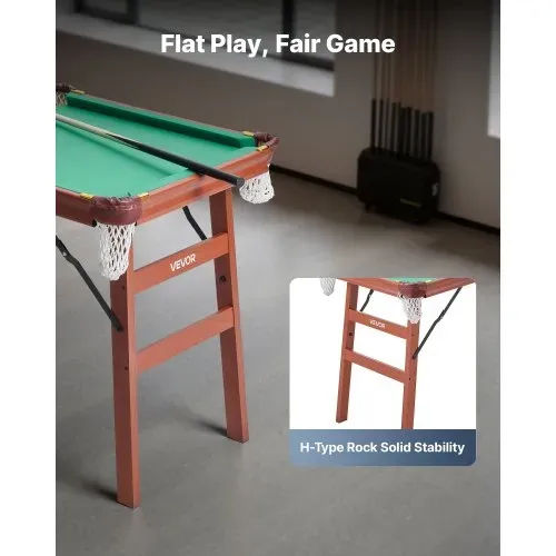 VEVOR klappbarer Billardtisch 140 cm tragbare Billardtische, faltbares, platzsparendes Unterhaltungsspielset, inklusive Ball/Queue/Rack/Kreide/Bürste, Braun mit grünem Tuch, für Freizeiträume – Bild 4