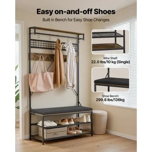 VEVOR Flurgarderobe 1015 x 400 x 1830 mm, Garderobenständer mit Schuhbank & Schuhablage (2 Ebenen), Freistehend Garderobe mit Metallgitter & Kleiderstange, Ideal für Eingangsbereich, Schlafzimmer – Bild 3
