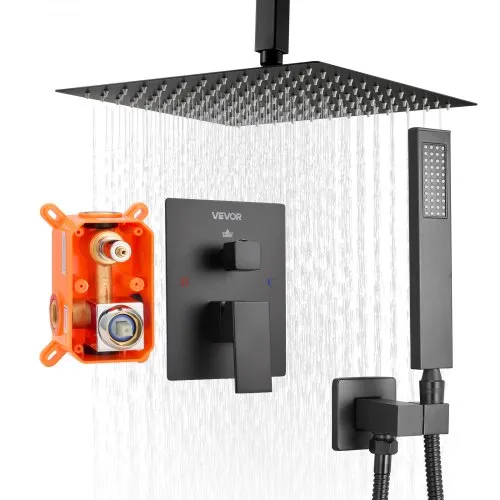 VEVOR Duscharmatur Regenduschsystem fürs Badezimmer Duschsystem mit 305 mm quadratischen Regenduschkopf & Handbrause, wandmontierte Badezimmerarmaturen mit Messingventil & Zierset, Mattschwarz VEVOR Duscharmatur Regenduschsystem fürs Badezimmer Duschsystem mit 305 mm quadratischen Regenduschkopf & Handbrause, wandmontierte Badezimmerarmaturen mit Messingventil & Zierset, Mattschwarz