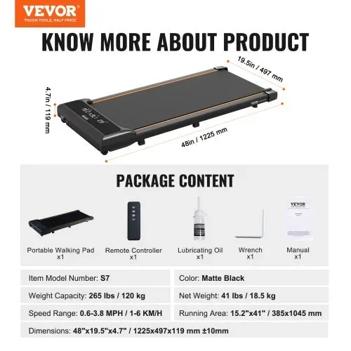 VEVOR Walking Pad Laufband unter den Schreibtisch, Laufband zum Arbeiten, funktionierendes Laufband mit 120 kg Tragkraft, tragbares Pad mit 2,5 PS, Fernbedienung LED-Anzeige 1-6 km/h Schwarz – Bild 6