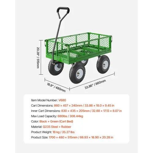 VEVOR Bollerwagen 300 kg, Transportwagen, Gartenwagen, Gerätewagen, Handwagen aus Metall für den Außenbereich mit Reifen, abnehmbaren Seitenteilen aus Netzmaterial & um 180° drehbarem Griff – Bild 6