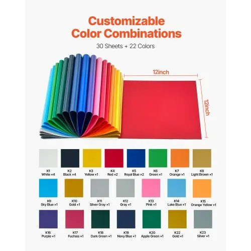 VEVOR Vinylfolie Wärmeübertragung Transferfolie (304,8 x 304,8 mm) 30 Blätter, verschiedene Farben, Plotterfolie kompatibel mit Schneidemaschinen, Aufbügelfolie für T-Shirts Kissen Hüte – Bild 5