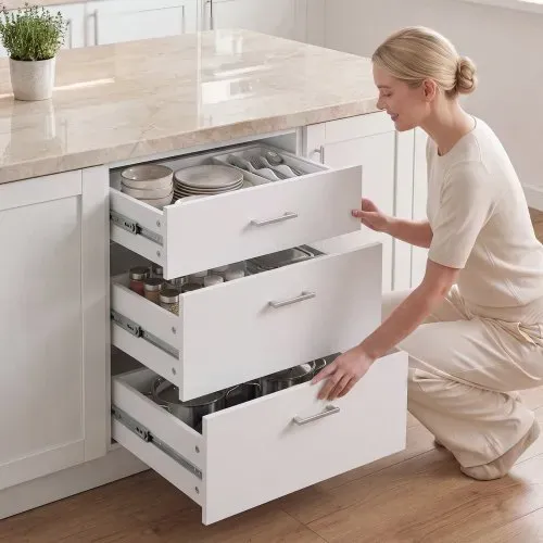 VEVOR Unterschrank 600x475x815 mm BxTxH Spanplatte Küchenunterschrank Weiß, für Waschküche und Bad, ohne Arbeitsplatte, im Shaker-Stil, mit 3 Schubladen, Soft-Close-Mechanismus und 3M-Laminierung – Bild 7