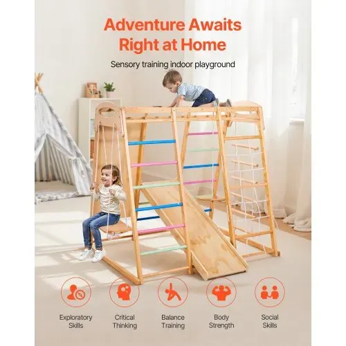 VEVOR Indoor Spielplatz Klettergerüst (9 in 1) aus Holz, 113 kg belastbares Montessori-Kletterspielzeug-Set mit Schaukeln/Klettergerüst/Rutsche/Holzleiter/Strickleiter/Kletternetz/Fels/Stange/Seil – Bild 4