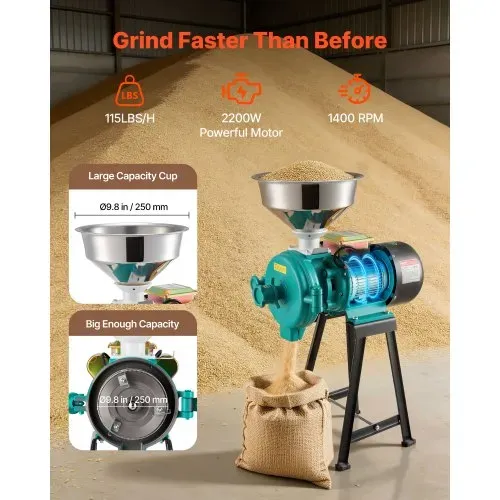 VEVOR Elektrische Getreidemühle 50 kg/h, Getreidemühle 2200 W Gusseisen, Gewürzmühle mit rutschfesten Gummifüßen, für Trockenes Getreide Gewürze Müsli Kaffee Mais Pfeffer, Hochgeschwindigkeit – Bild 3