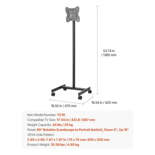 VEVOR rollbarer TV-Ständer Standfuß Fernsehstand für 431,8-1397 mm flach & Curved-TVs, tragbarer TV Bodenständer bis zu 20 kg (Max. VESA 200 x 200 mm) für Wohnzimmer Schlafzimmer Büro Outdoor – Bild 6