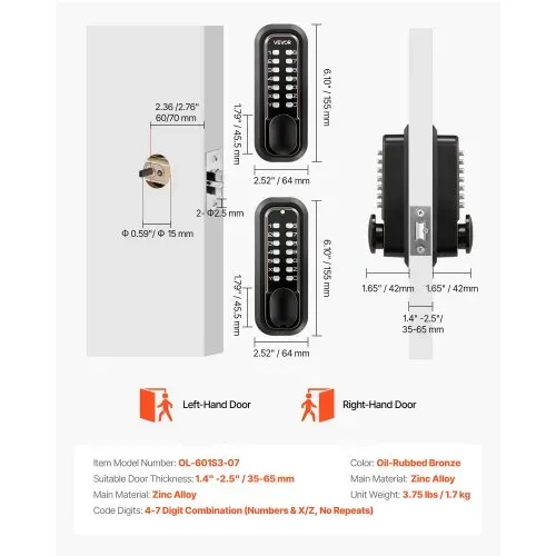 VEVOR Mechanisches Codeschloss mit Doppelseitigem Tastenschloss (4- bis 7-stelliger Code), Schlüsselloses Türschloss mit Türknauf & Automatischer Verriegelung, für Haustüren Garagen, Ölgebronzefarben – Bild 6