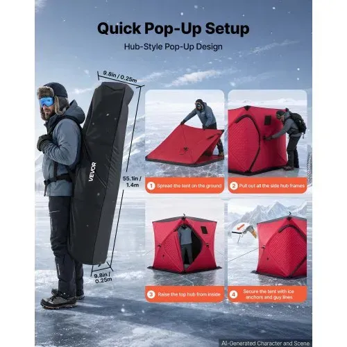 VEVOR Eisangelzelt Eisfischerzelt für 3-4 Personen 1,8x1,8x2m Zelt Isoliert, für Winterfischen, 3,13 m² Fläche, 600D 4-Lagiges Gewebe, Tragbares, Hub-Style-Angelzelt mit Ankern, Seilen, Tragetasche, Rot – Bild 4