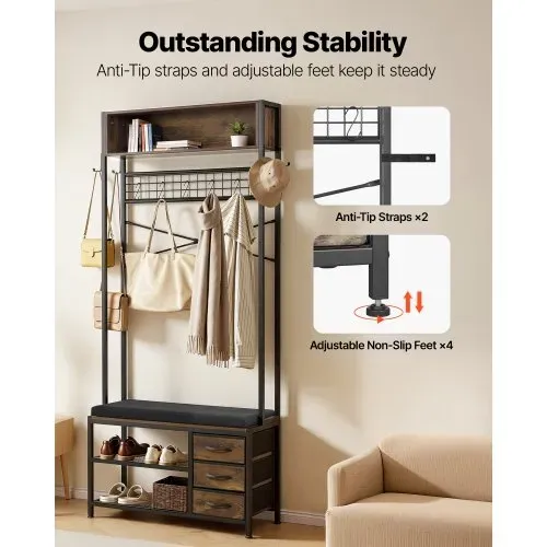 VEVOR Flurgarderobe 80 x 30 x180 cm, Garderobenständer mit Schuhablage (2 Ebenen) & 3 Schubladen, Freistehende Garderobe mit Bücherablage & Metallgitter, Ideal für Eingangsbereich, Schlafzimmer – Bild 5