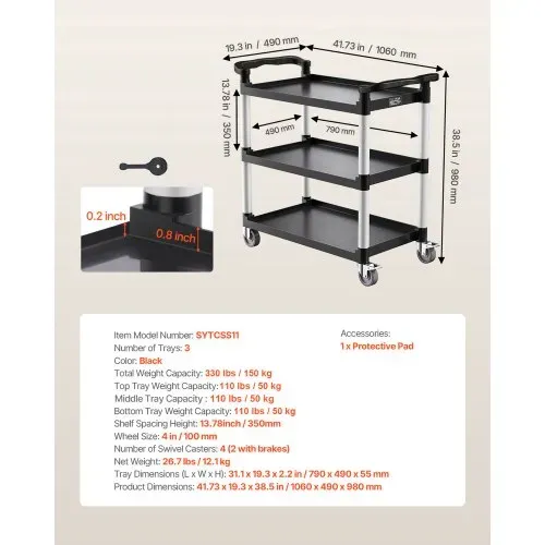 VEVOR Mehrzweckwagen, 226 kg Tragkraft, 3-stufiger Universalwagen aus Kunststoff mit 360° Schwenkrädern (2 mit Bremse), 106x49x98 cm großer Servierwagen für Lager, Büro, Zuhause, Restaurant, Küche – Bild 6