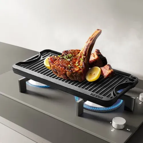 VEVOR wendbarer Grillplatte Bratpfanne Griddle aus Gusseisen (492 x 218 mm), tragbare rechteckige Pfanne mit Griff, Familienkochgeschirr für Herdplatten drinnen/draußen Grill, schwarz – Bild 7