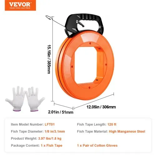 VEVOR Einziehband, 36 m x 3,1 mm, Kabel Einziehhilfe mit optimiertem Gehäuse & Griff, Einziehspirale Einziehdraht Tool, Drahteinziehwerkzeug für Wände & elektrische Leitungen, nicht leitfähig – Bild 6